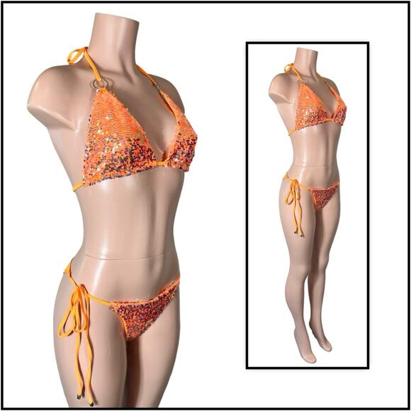 Beach Bunny Orange Icon Triangle Top DD & Icon Tie Side Skimpy Bottom M $250 - Picture 9 of 12